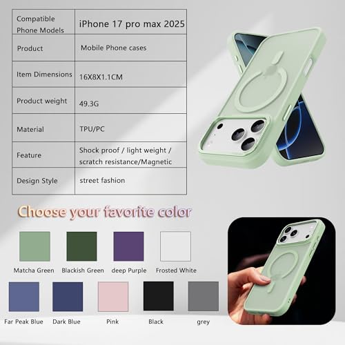 Image of Magnetic for iPhone 17 Pro Max Phone Case, [Compatible with MagSafe], Screen Protectors X1, [Military Grade Drop Protection],Matte Finish,Slim,Shockproof,Protective (Matcha Green, 17 PRO max)