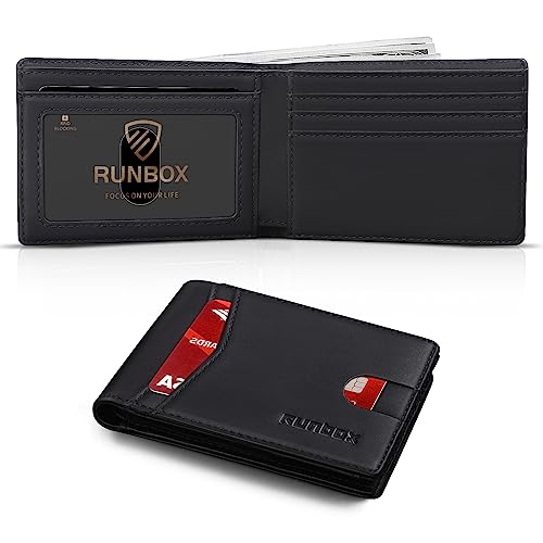 Image of RUNBOX Wallet for Men Slim Leather Bifold RFID Blocking Minimalist Front Pocket Design with Gift Box | Minimalist Front Pocket Design, Holds 8 Cards, RFID Protection, Gifts for Men on Birthdays, Father's Day, and Christmas