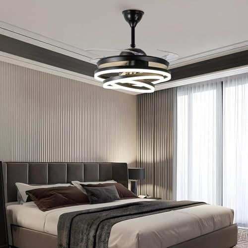 Image of HDC Invisible Black Rings Ceiling Fan Chandelier - Retractable ABS Blades Fandelier with Remote Control - Modern LED Ceiling Fan with Light for Living Room & Bedroom - Luxury Lighting