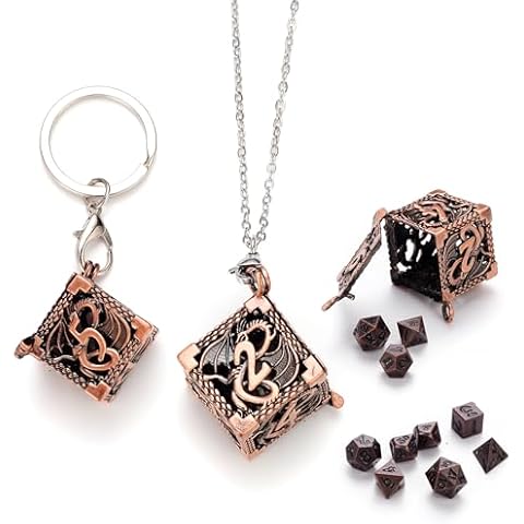 Mini Dice Set 7 Pcs Tiny Small Metal Dice Set Hollow D20 Necklace Dice Case Keychain Role Playing Table Games Portable Teacher Gift Mother Gift (Bronze) Cover