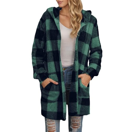 Abrigos cálidos genéricos para mujer para otoño e invierno chaqueta casual con capucha de lana a cuadros sueltos gabardina con bolsillos Cárdigan casual y minimalista, verde, S