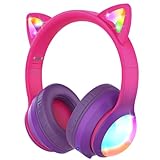 FosPower Kids Bluetooth 5.2 Headphones with LED Cat Ears (85/94dB Volume Limit & 100H Play Time) Foldable Wireless/Wired Headset with 3.5mm Cable for School/Travel - Hot Pink/Purple