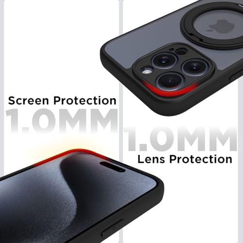 Image of RIGGEAR Shockproof Sleek Hybrid Armor 360 Rotating Magnetic Ring Stand Back Cover Case Compatible with MagSafe Accessories for iPhone 15 Pro Max (Clear PC + Black TPU Bumper)