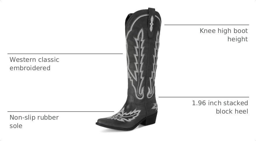 Image of STALOV Cowboy Boots for Women Pull On Chunky Heel Boots Knee High Cowgirl Boots Western Pointed Toe Boots Embroidered Suede Boots