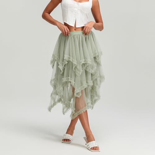 Women's Tulle Midi Skirt - Asymmetrical Pleated Layered Tutu, Elastic High Waist Cocktail & Casual Outfit4