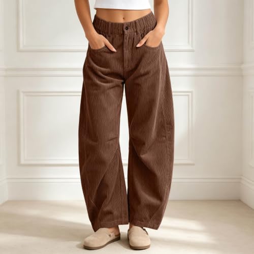 Brown Corduroy Pants Women,Pull On Trousers With Pockets(Brown,Medium) - image 4