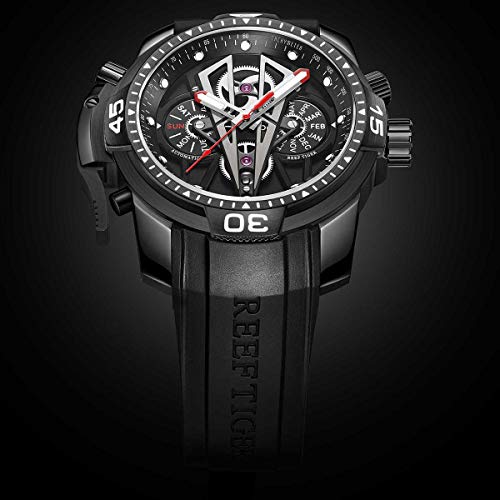 REEF TIGER Mens Sport Mechanical Watches with Rose Gold Black Dial Automatic Watch Calfskin Rubber Strap RGA3591