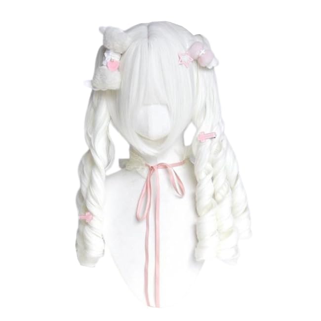 [ボズとガルヤ] ウィッグ ツインテール 小顔 ロリータ 巻き髪 宮廷風 姫カット 白 コスチューム小物 変装用ウィッグ かつら ロング 女性 演劇 日常 パーティー イベント (42cm)