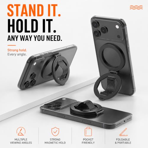 Image of Mizi Magnetic Phone Grip, Phone Finger Loop Holder with Kickstand, Foldable Ring Grip, Compatible with Mag Safe iPhone 12-18, Includes Magnetic Adapter Ring for All Phones - Black