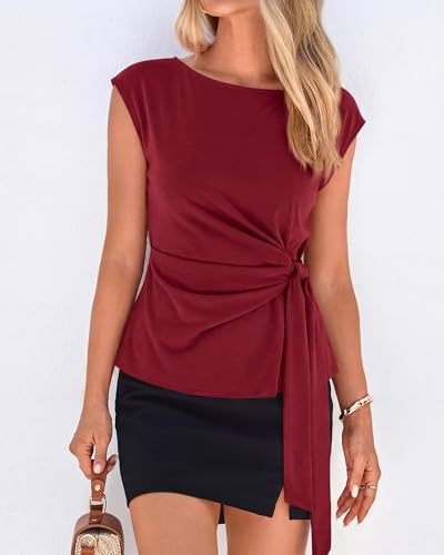 BTFBM Womens Tops Summer 2026 Cap Sleeve Crew Neck Tie Waist Blouses Dressy Casual Business Work Clothes Early Fall Fashion(Red, X-Small) — view 3