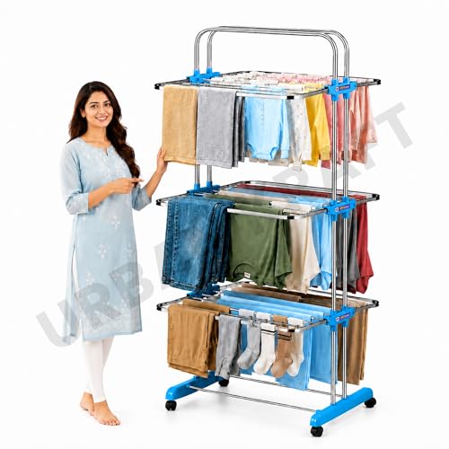 Image of URBAN KRAFT 3 Tier Stainless Steel Premium Cloth Drying Stand | Foldable Clothes Rack for Drying | Heavy Duty Clothes Dryer Stand | Laundry Racks for Drying - Indoor, Balcony & Garden