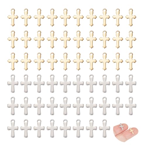 UNICRAFTALE 100pcs 2 Colors Small Cross Charm Golden Cross Pendants Metal Cross Charms for Easter Gifts Bracelet Stainless Steel Cross Charms Tiny Small Hole Pendant for Necklace Jewelry Making