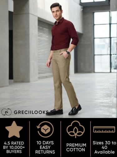 Image of GRECIILOOKS Men's Formal Cotton Blend Trousers, Slim Fit Office Wear Pants with Button Closure, Wrinkle Resistant Smart Casual Workwear Bottoms