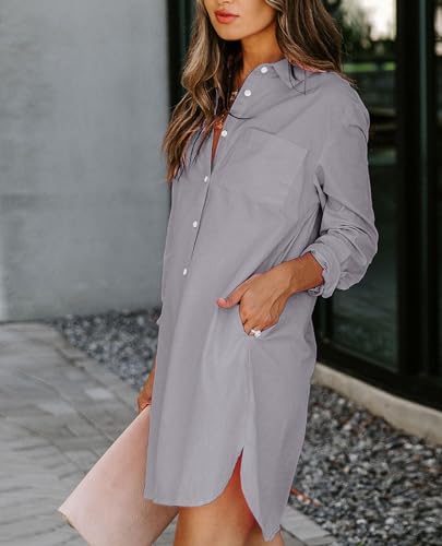 Image of Aoudery Womens Button Down Shirt Dresses with Pockets Cotton Button Up Tunics Long Sleeve Solid High Low Blouse Tops