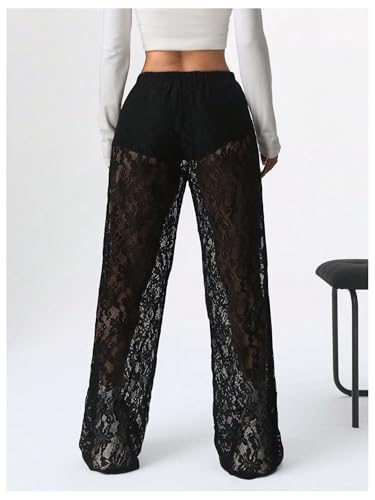 SOLY HUX Women's Lace Sheer Wide Leg Pants Elastic Waist See Through Party Trousers2