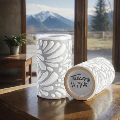 Image of Talavera Shot Glasses Set of 4 Authentic Mexican Tequila Shot Glasses - Hand-painted - 2 Oz (White Brushstroke Gray Background)