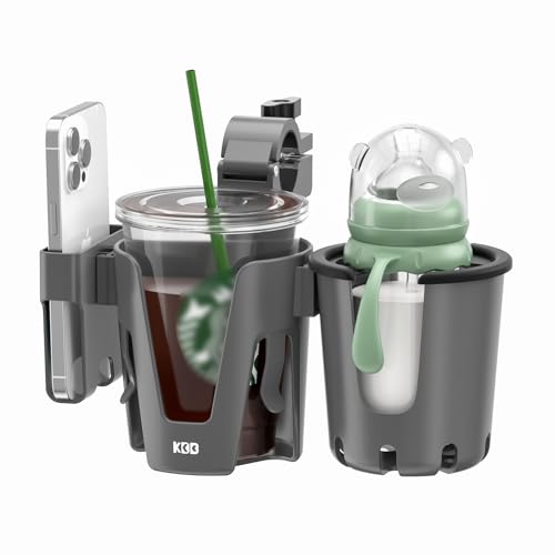 Image of KDD Stroller Cup Holder with Phone Holder, 3-in-1 Removable Bottle Holder, 360 Degrees Rotation Drink Holder for Wheelchair, Stroller, Bike, Walker, Scooter, Bicycle, Nuna, Bugaboo, Doona (Grey)