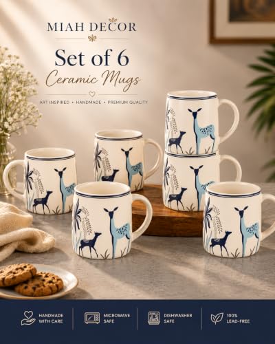 Image of miah decor Ceramic Tea Cups Set of 6 - Cream Blue | Handcrafted Stoneware Matte Deer & Bird Finish | Microwave & Dishwasher Safe Coffee Cups & Mugs for Home, Office & Gifting - Every Occasion | 350ml