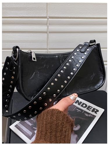 SweatyRocks Women's Studded PU Leather Zipper Shoulder Bag Top Handle Casual Crossbody Bag Y2k Purse2