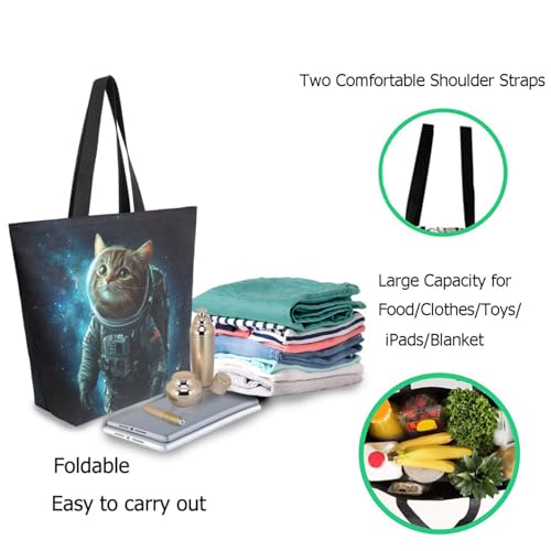 Space Cat Astronaut Extra Large Canvas Gym Shoulder Tote,Durable Daily Reusable Top Handle Bag for Mens Womens Yoga Weekender Picnic Beach Travel Market Shopping2