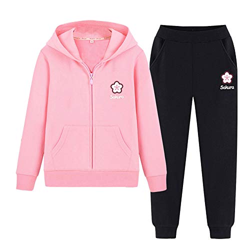 SXSHUN Niñas Traje Deportivo Conjunto de 2 Piezas con Sakura Estampado Chándal + Pantalones, Flores/Rosa + Negro, 140cm (7-8 años)