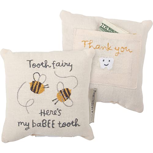Image of Primitives by Kathy Tooth Fairy Pillow, 5x5-inch - My BaBEE Tooth Keepsake with Storage Pocket for Rewards & Embroidered Bee Design