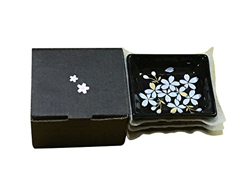 Cinf Ceramic Japanese Cherry Blossom Salad Sauce Rectangular Sushi Dish Set Of 4 Plates Black Snack Bowls Appetizer Seasoning Serving For Kitchen Home #TOP4