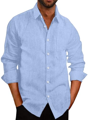 COOFANDY Camisas de Manga Larga con Botones para Hombre, Camisetas Informales de Lino con Botones, Camisetas de Playa de Verano sólidas con Bolsillo Cielo Azul L