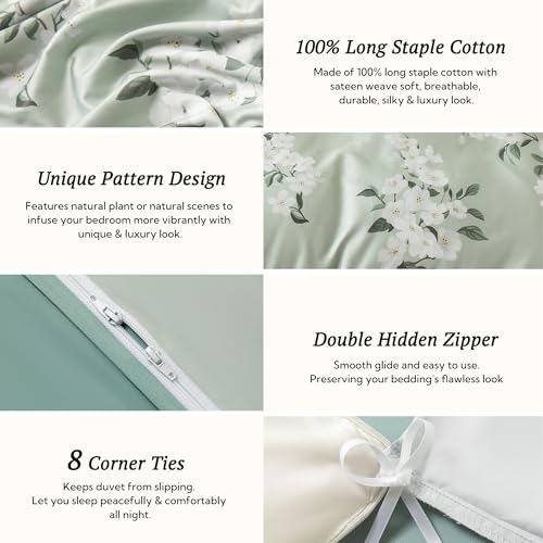 MILDLY Cal King Size Duvet Cover Set 100% Long-Staple Cotton Luxury Sage Green Floral Patten Reversible Comforter Cover Set 3Pcs