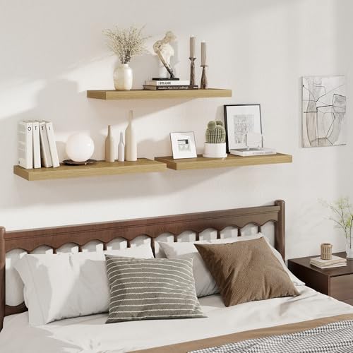 Image of Fun Memories Deep Floating Shelves, 32W x 12D Oak Wall Shelves, 32 Long Rustic Wood Wide Storage Shelves for Bedroom, Kitchen, Farmhouse, Laundry Room, Bedroom, Kitchen, Home Office- Set of 2