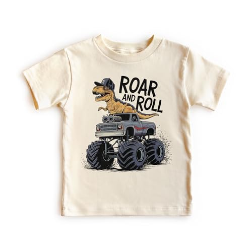 Dinosaur Monster Truck Shirts For Boys - Roar And Roll Dino Toddler & Youth Shirt - Natural Boys & Girls Graphic Tee