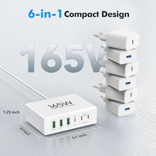 Image of USB C Charger Block,165W GaN 6 Port PD3.0 and QC Wall Charger Power Adapter Plug Cube,Compact Fast Desk Charging Station Hub for iPhone 17 16 15 14 13 Pro Max PD 65W Laptop Charger for MacBook Air Pro