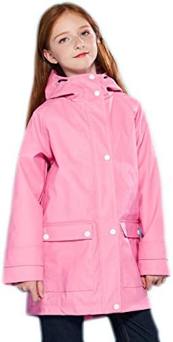 SOLOCOTE Kids Rain Jacket Hooded Lined Rubber RainCoats for Girls Boys Waterproof Windproof, 180806 Fuchsia C 7-8Y