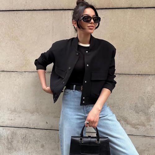 Zando Bomber Jacket Women 2025 - Short Cropped Jacket Women Button Down Long Sleeve Casual Varsity Jackets with Pockets4