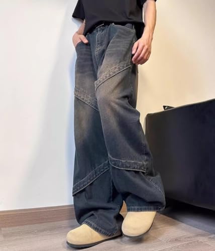 Unisex Y2K Baggy Wide Leg Jeans, High Waist Loose Fit Streetwear Denim Pants with Diagonal Stitching Retro Style4