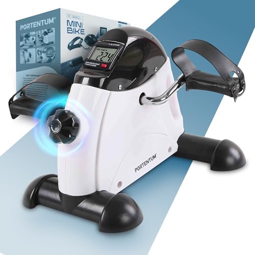 PORTENTUM Pedaltrainer für Senioren mit LCD-Display 6 Funktionen – Beintrainer im Sitzen kompakt mit einstellbarem Widerstand und Tragegriff – Tragbares Design als Mini Heimtrainer