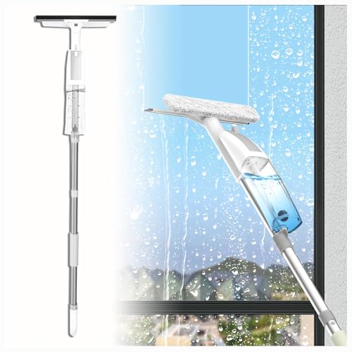 3 en 1 Spray Limpia Cristales con Poste Telescópico, Limpiador De Cristales con 3 Paños Microfibra para Ventanas Altas Interior/Exterior