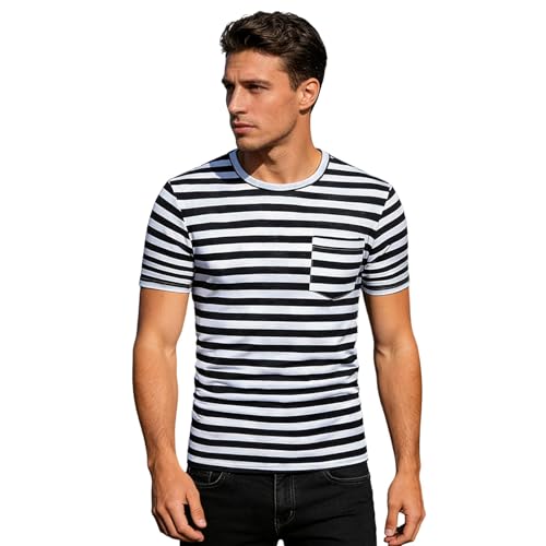 RUMAOZIA T-shirt unisexe à rayures rouge et blanc - Costume de carnaval - T-shirt rayé en coton - Manches courtes - Noir et blanc - Pour homme et femme -...