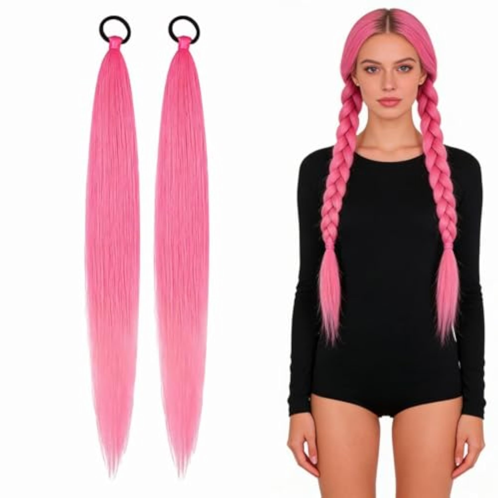2Pcs Pink Ponytail Hair Extensions for Women, Artificial Accessories