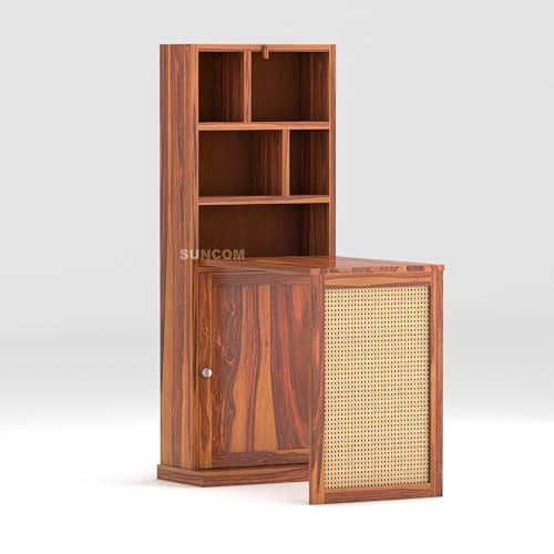 Image of SUNCOM Sheesham Wooden Study Table with Bookshelf & Storage Cabinet Rattan Work ? Wooden Computer Desk with Door Storage - Shelves Space Saving Writing Desk for Home Office & Living Room (Honey)