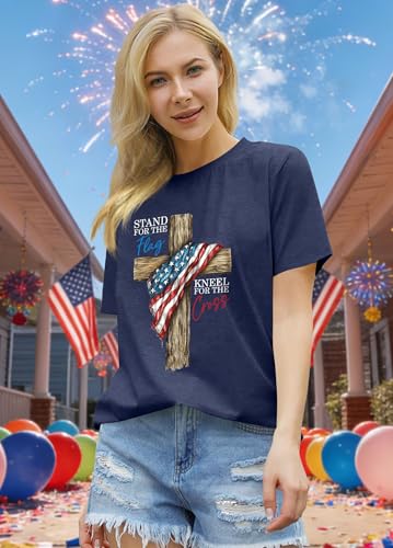 Image of Ithalt Christian Tshirt Womens 4th of July Shirt American Flag T Shirt USA Patriotic Tees Faith Short Sleeve Tops
