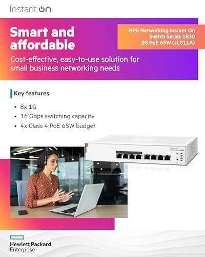 Image of HPE Networking Instant On Switch Series 1830 8-Port Gb Smart-Managed Layer 2 Ethernet Switch with PoE | 8X 1G | 4X CL4 PoE (65W) | Fan-Less | US Cord (JL811A#ABA)