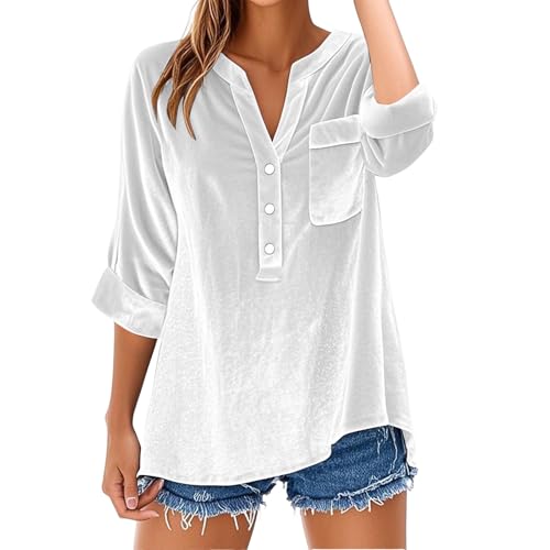 Camisa de terciopelo para mujer, manga 3/4, con botones, cuello en V, color liso, estilo Henley, retro, casual, a la moda, ropa de oficina, invierno, otoño, trabajo, talla grande, blusa tipo túnica