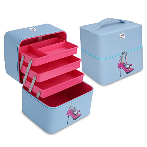 NFI essentials PU 3 Layer Large Makeup Box Cosmetic Storage Bag Vanity Case Trousseau Box Beauty Organizer (Blue)