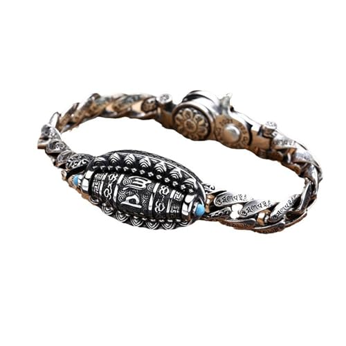 Pulsera de la suerte del mantra de seis caracteres de plata tibetana, pulsera de cuentas de nueve ojos giratoria de transferencia, pulsera de amuleto de la suerte de meditación (1 pieza,7,87 pulgadas)