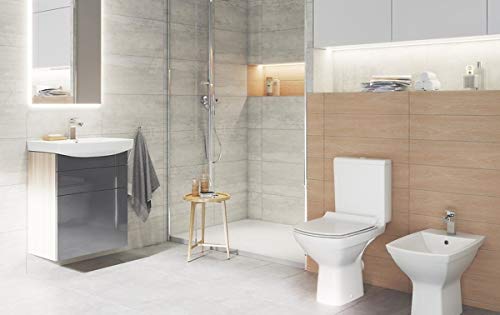 Keramik Stand- WC Toilette Komplett -Design- Set mit Spülkasten WC- Sitz Slim aus Duroplast mit Absenkautomatik SoftClose-Funktion für waagerechten Abgang Wasseranschluss Spülrandlos Carina – Bild 7