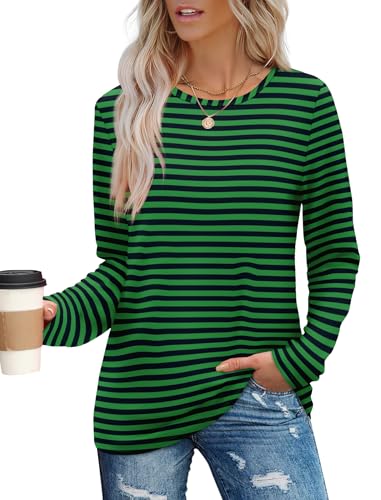 Aokosor Long Sleeve Shirts For Women Fall Tops Basic Tees Undershirt Striped Black And Green M thumb #2