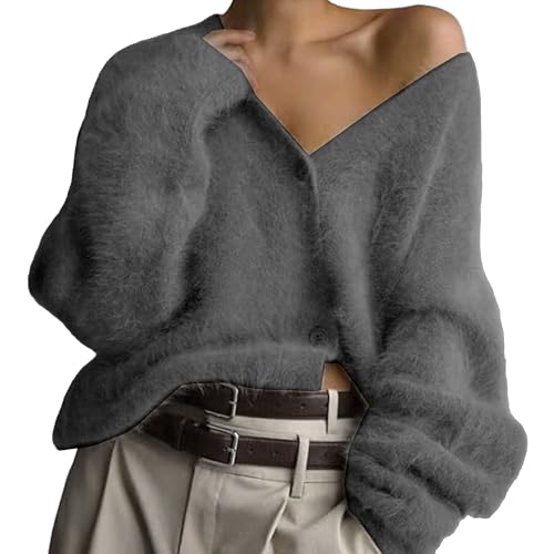 Womens Fall Sweaters Fuzzy V Neck Cardigan Sweater Long Sleeve Knit Sweaters Relaxing Fit Furry Outwear
