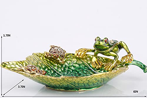 SEVENBEES Decorative Leaf Shape Ring Dish Ring Holder with Hand Painted Frog and Sea Turtles Trinket Box Hinged Jewelry Boxes Gift for Home Decor Green_4