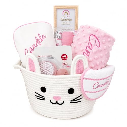 Canastilla Bebé Personalizada con Nombre Bordado | Regalo Recién Nacido | Cesta Bebé Premium con Manta Minky, Toalla, Babero, Muselinas y Accesorios | Danielstore (Rosa)